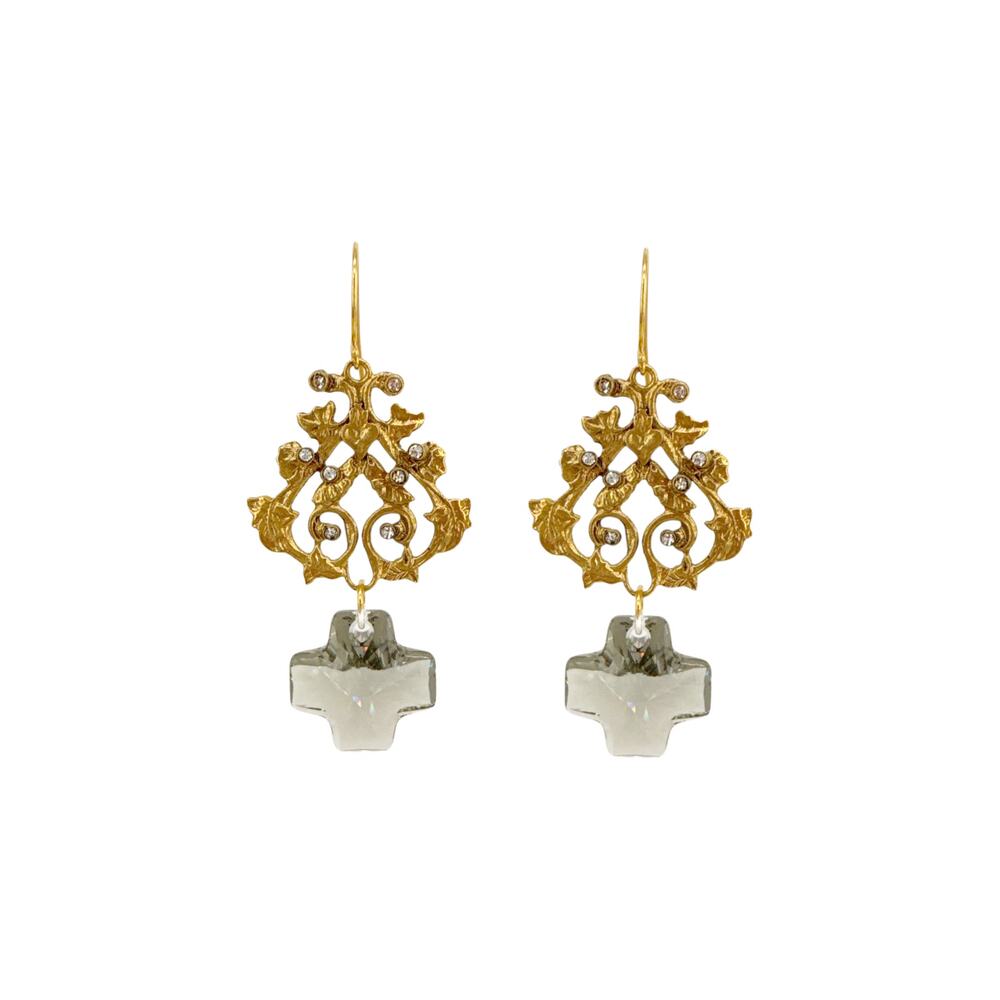 VIRGINS SAINTS & ANGELS VSA Vine Earrings with Cross in Gold & Black Diamond
